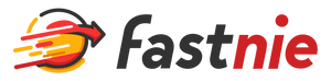 Logo with stylized fast-moving car and the text 'fastnie' in black and red.